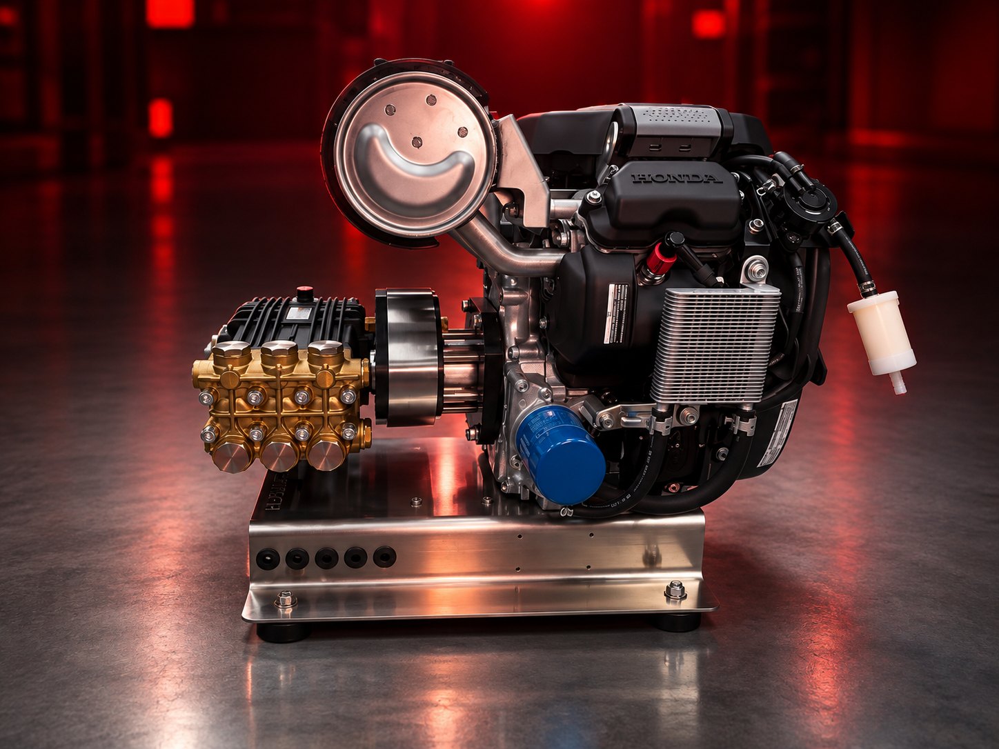 The Belt Box, Honda engine with belt-drive conversion and brass triplex pump on a stainless base