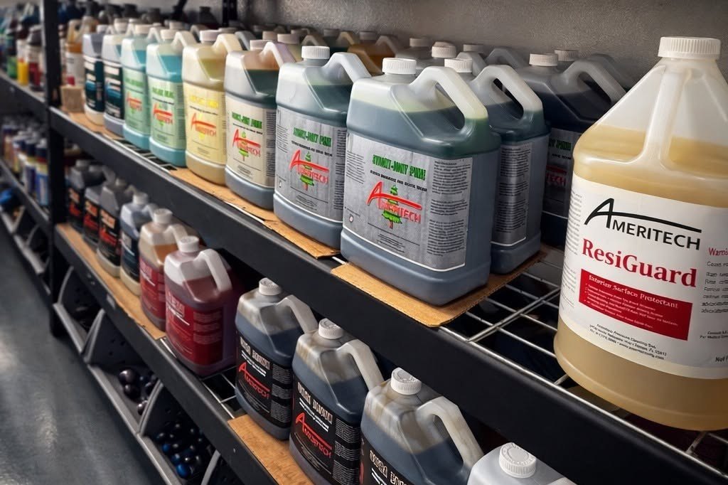 Ameritech branded cleaning chemicals on the shelf at the Tampa facility, including ResiGuard surface protectant