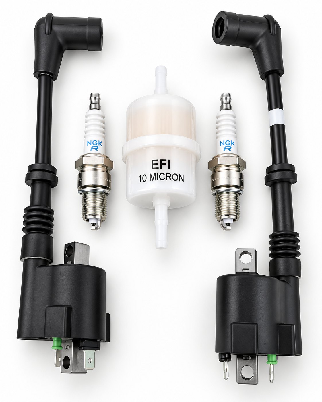 Honda IGX800 and IGX700 modified ignition coils kit: two coils with plug boots, two NGK spark plugs and a 10 micron EFI fuel filter